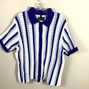 Mens Medium Blue Open Knit Crochet Button Front Sweater Shirt Y2K Retro Beachy